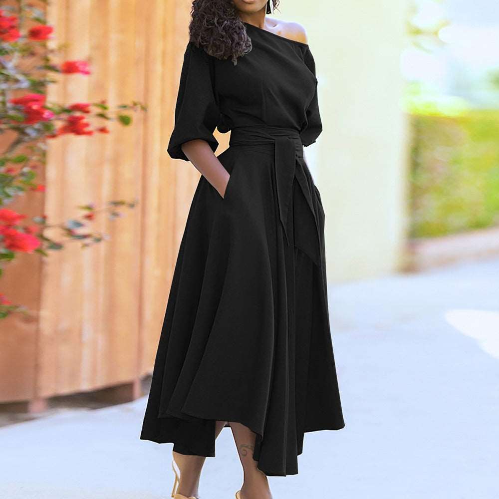 Fashionable solid color waistband slimming and sexy diagonal shoulder dress - House of Cardwell