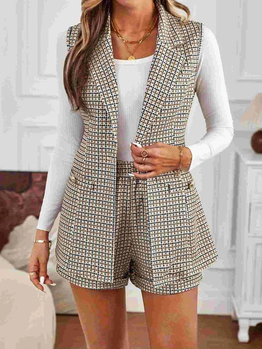 Tied Plaid Collared Neck Vest and Shorts Set eprolo