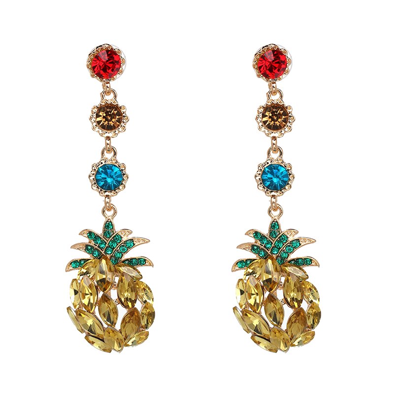 Fashionably Summer Yellow Gold Fruit Pineapple Crystal Pendant Earrings eprolo