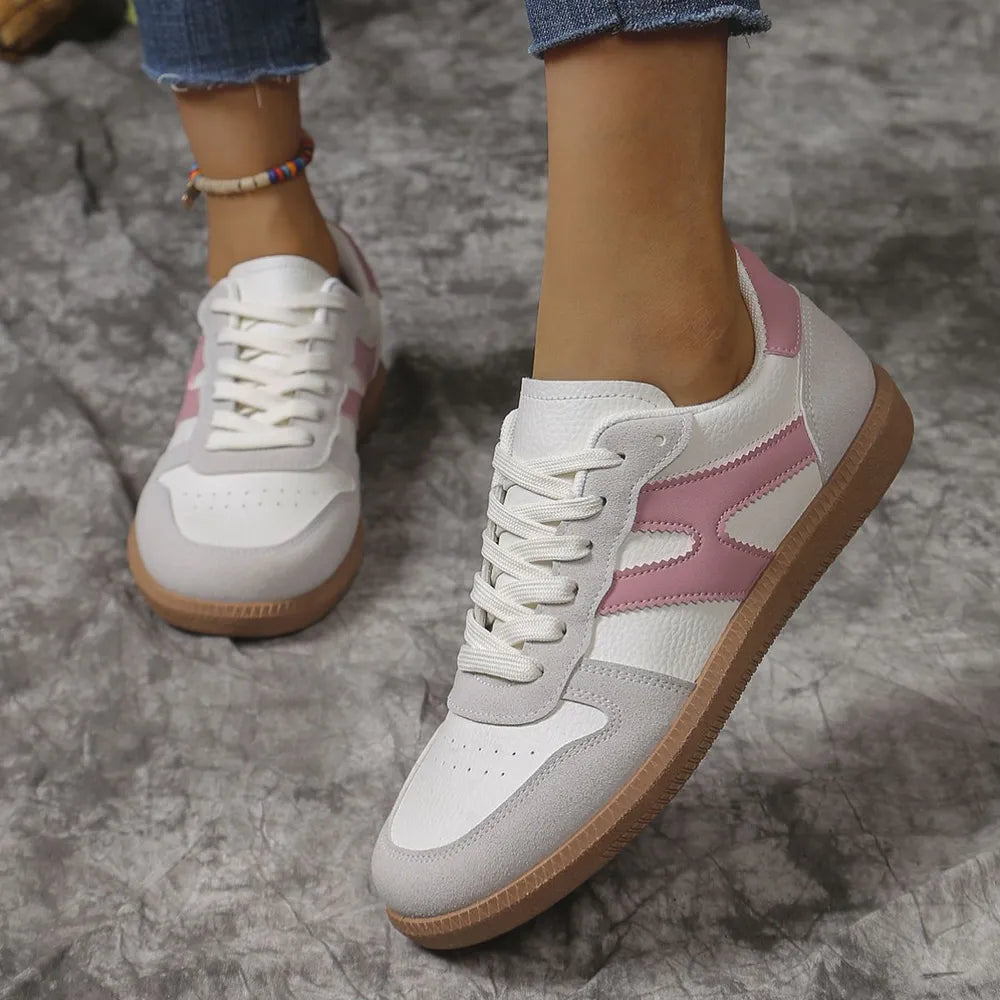 Contrast Lace Up Round Toe Flat Sneakers eprolo