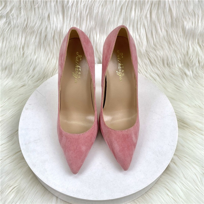 Pink suede high heels thin heeled pointed toe shallow cut women's shoes - House of Cardwell