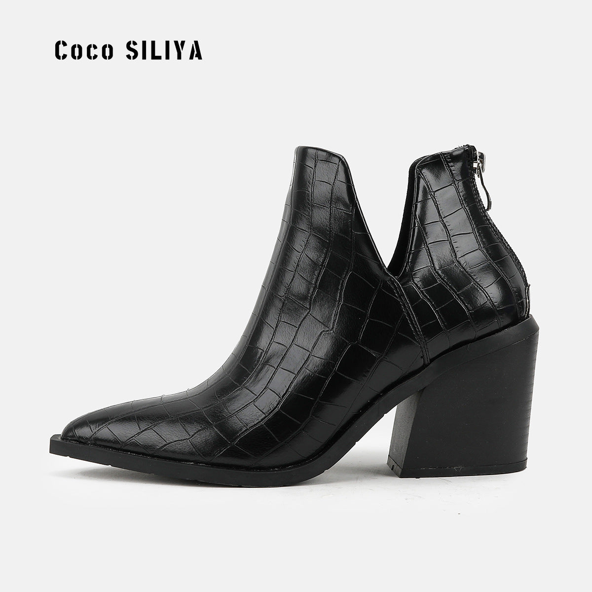 Pointed Toe Coarse Heel High Heel Short Boots Women's Back Zipper Crocodile Chelsea Nude Boots Large - House of Cardwell