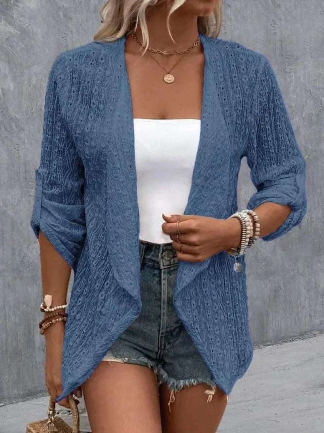 Eyelet Roll-Tab Sleeve Cardigan - House of Cardwell