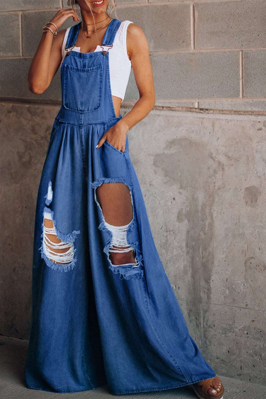 Distressed Wide Leg Denim Overalls - House of Cardwell
