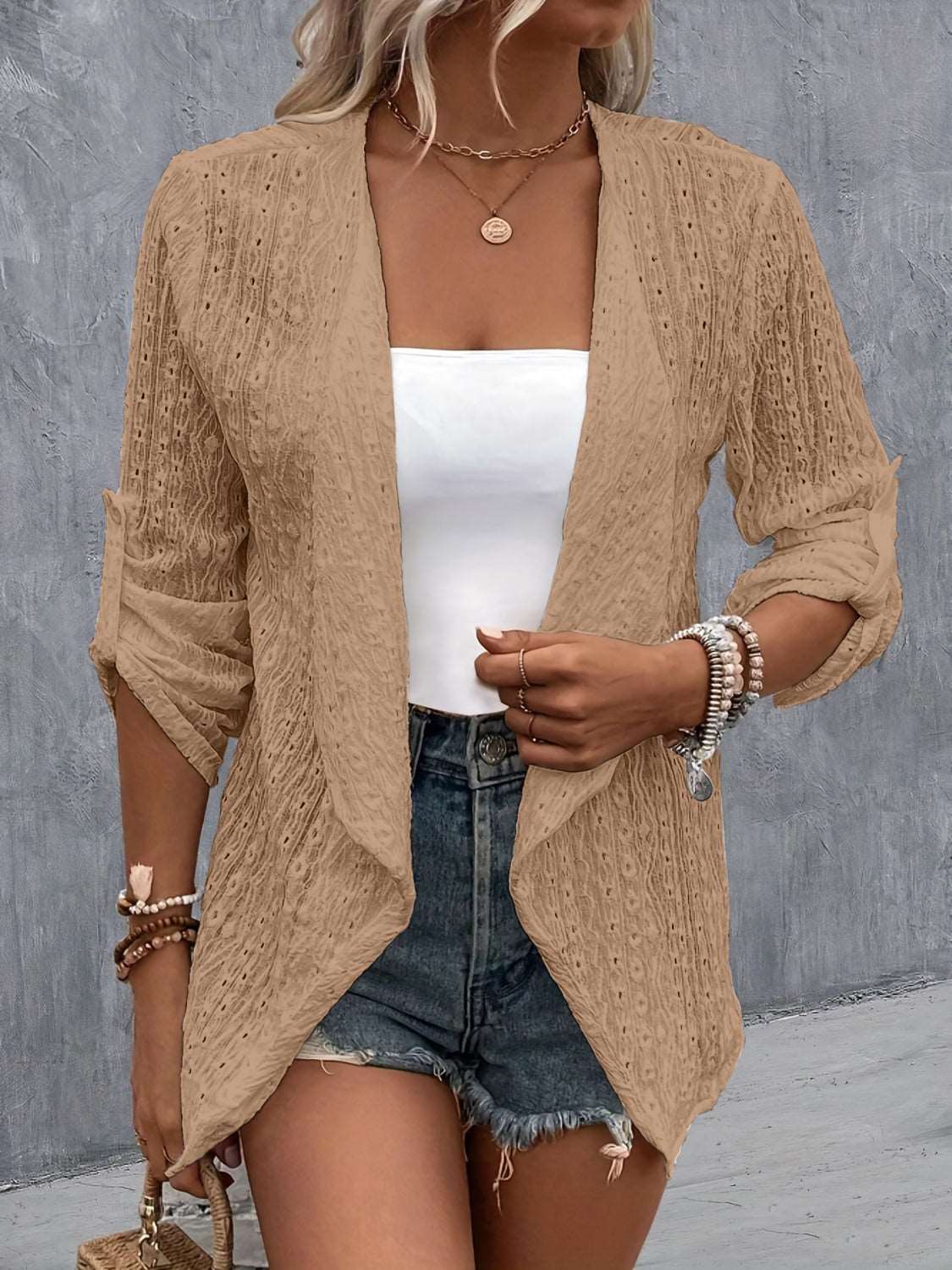 Eyelet Roll-Tab Sleeve Cardigan - House of Cardwell
