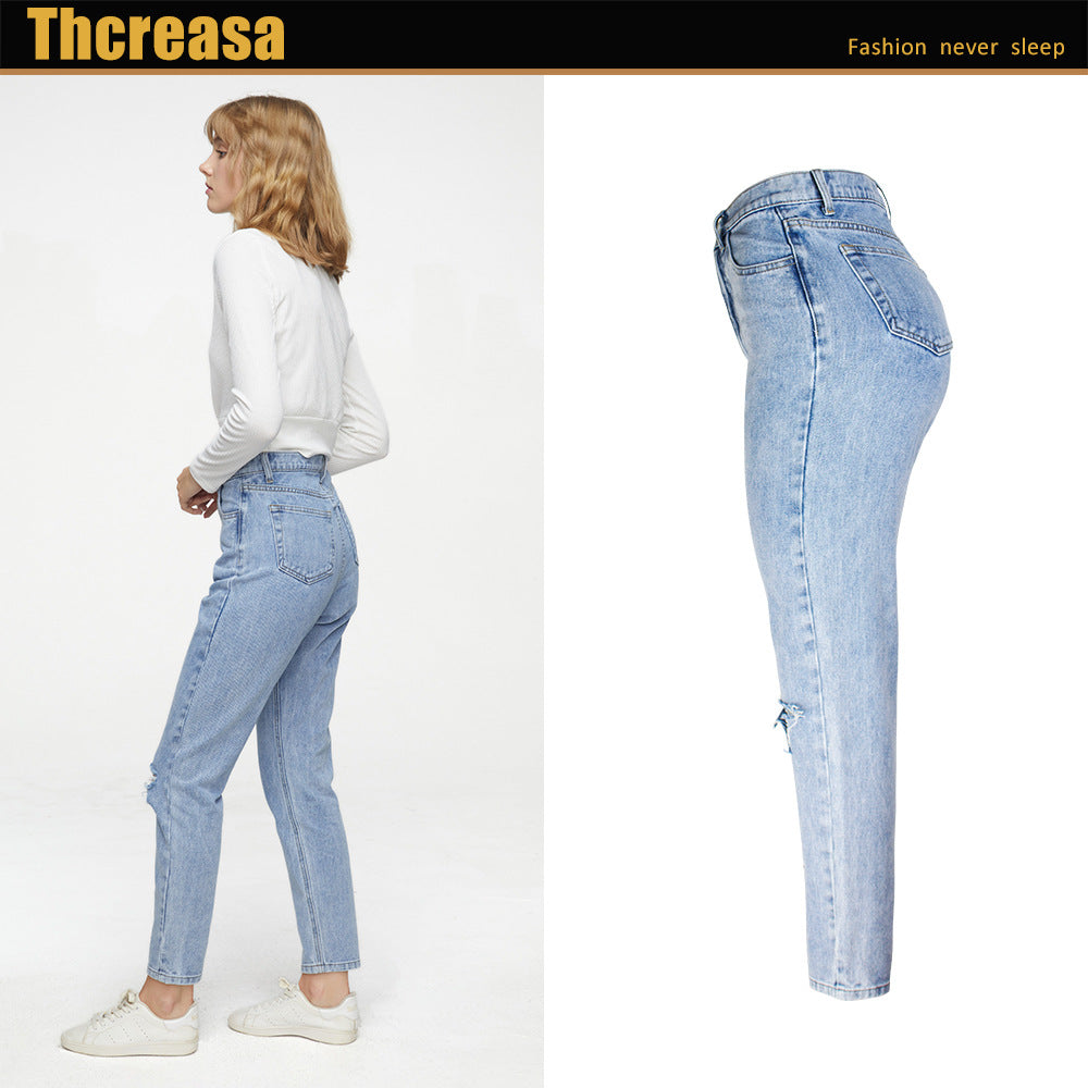 New Women's Jeans High Waist Bf Style Loose Straight Wide Leg Pants Ripped Jeans eprolo