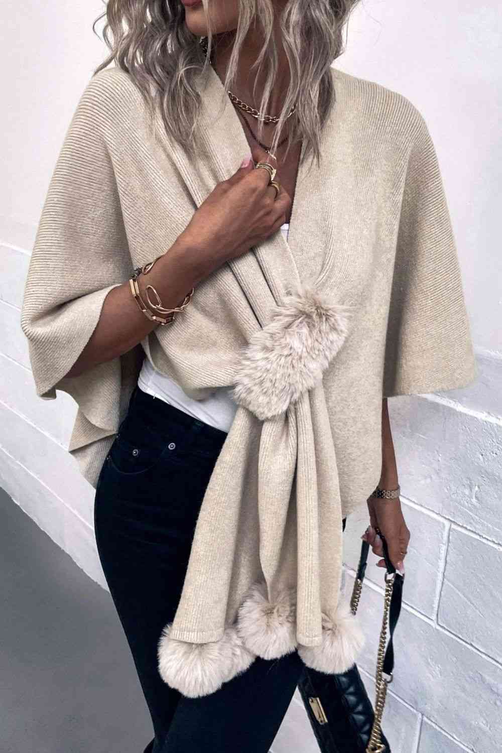Surplice Neck Pom-Pom Trim Poncho - House of Cardwell
