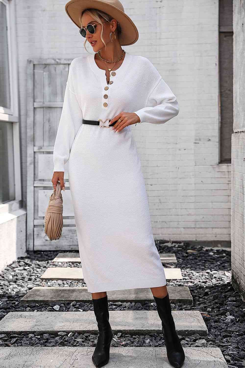 Notched Neck Dropped Shoulder Button-Down Midi Dress - House of Cardwell