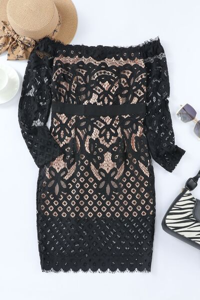 Off-Shoulder Long Sleeve Lace Dress - House of Cardwell
