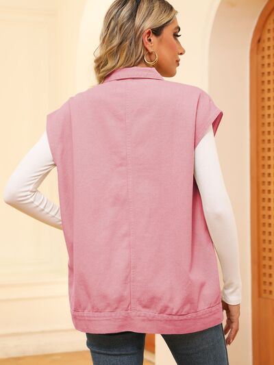 Pocketed Button Up Sleeveless Denim Jacket - House of Cardwell