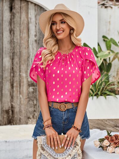 Printed Round Neck Petal Sleeve Blouse - House of Cardwell