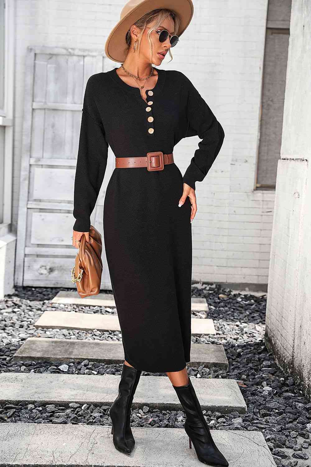 Notched Neck Dropped Shoulder Button-Down Midi Dress - House of Cardwell