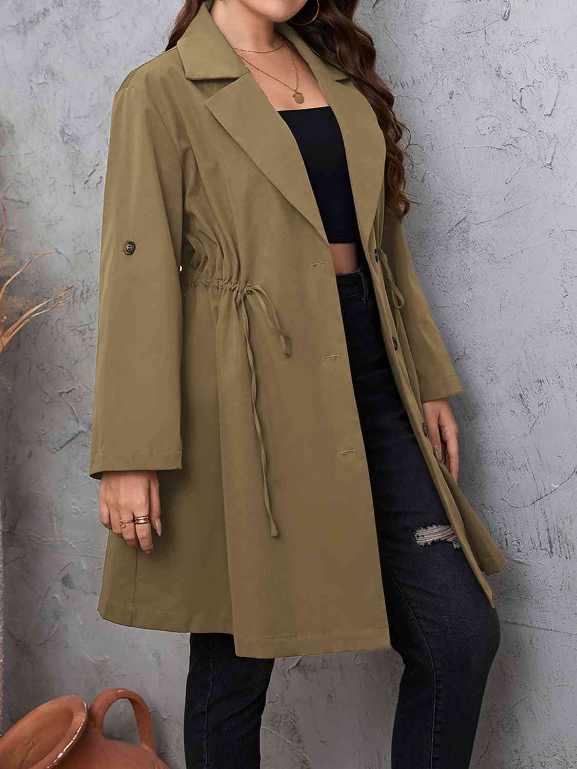 Plus Size Lapel Collar Drawstring Roll-Tab Sleeve Trench Coat - House of Cardwell