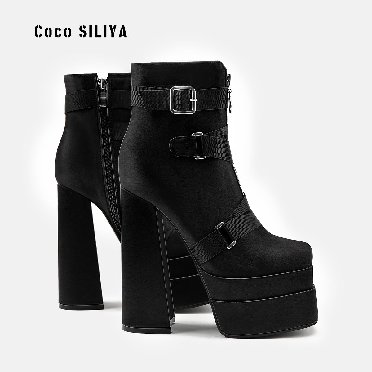 New Super High Heel 14cm Platform Thick Heel Square Head Silk Women's Smoke Pipe Boots Large Size 42 eprolo