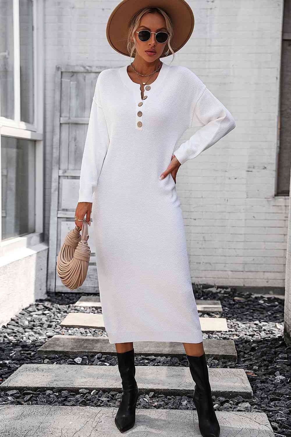 Notched Neck Dropped Shoulder Button-Down Midi Dress - House of Cardwell