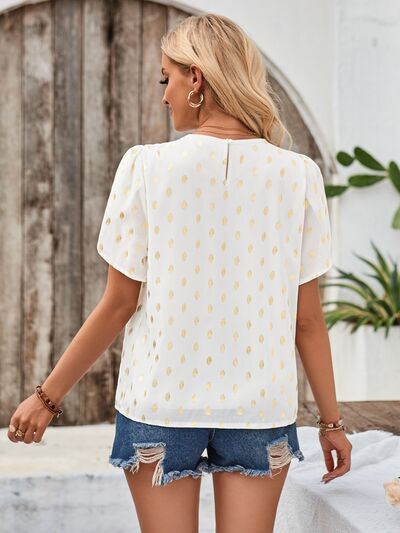 Printed Round Neck Petal Sleeve Blouse - House of Cardwell