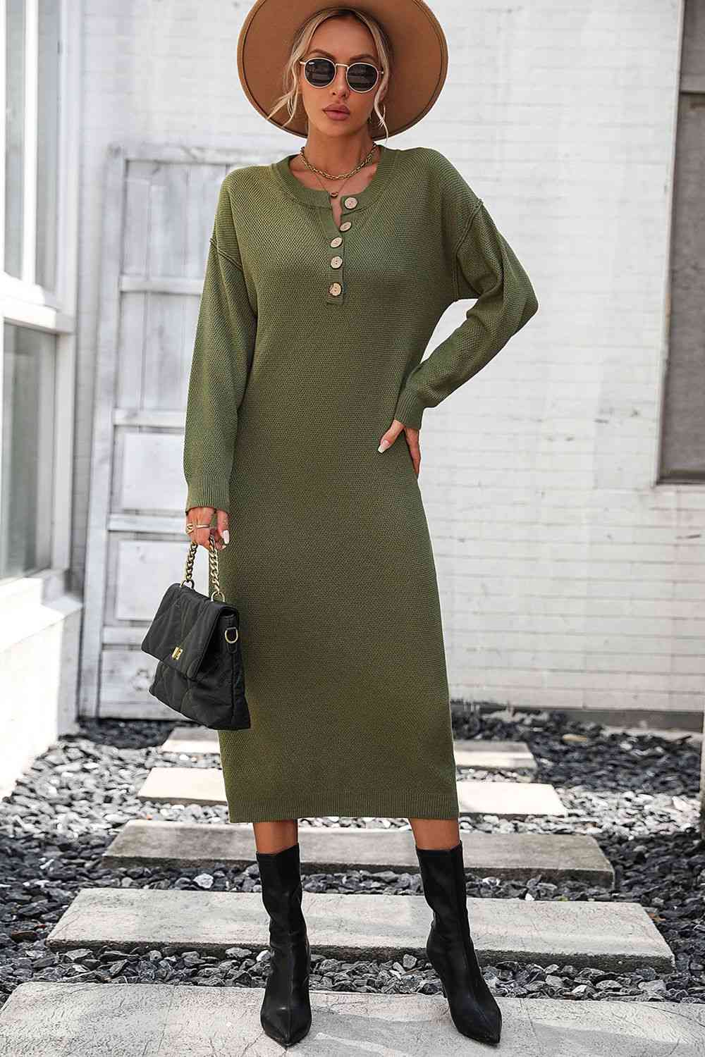 Notched Neck Dropped Shoulder Button-Down Midi Dress - House of Cardwell
