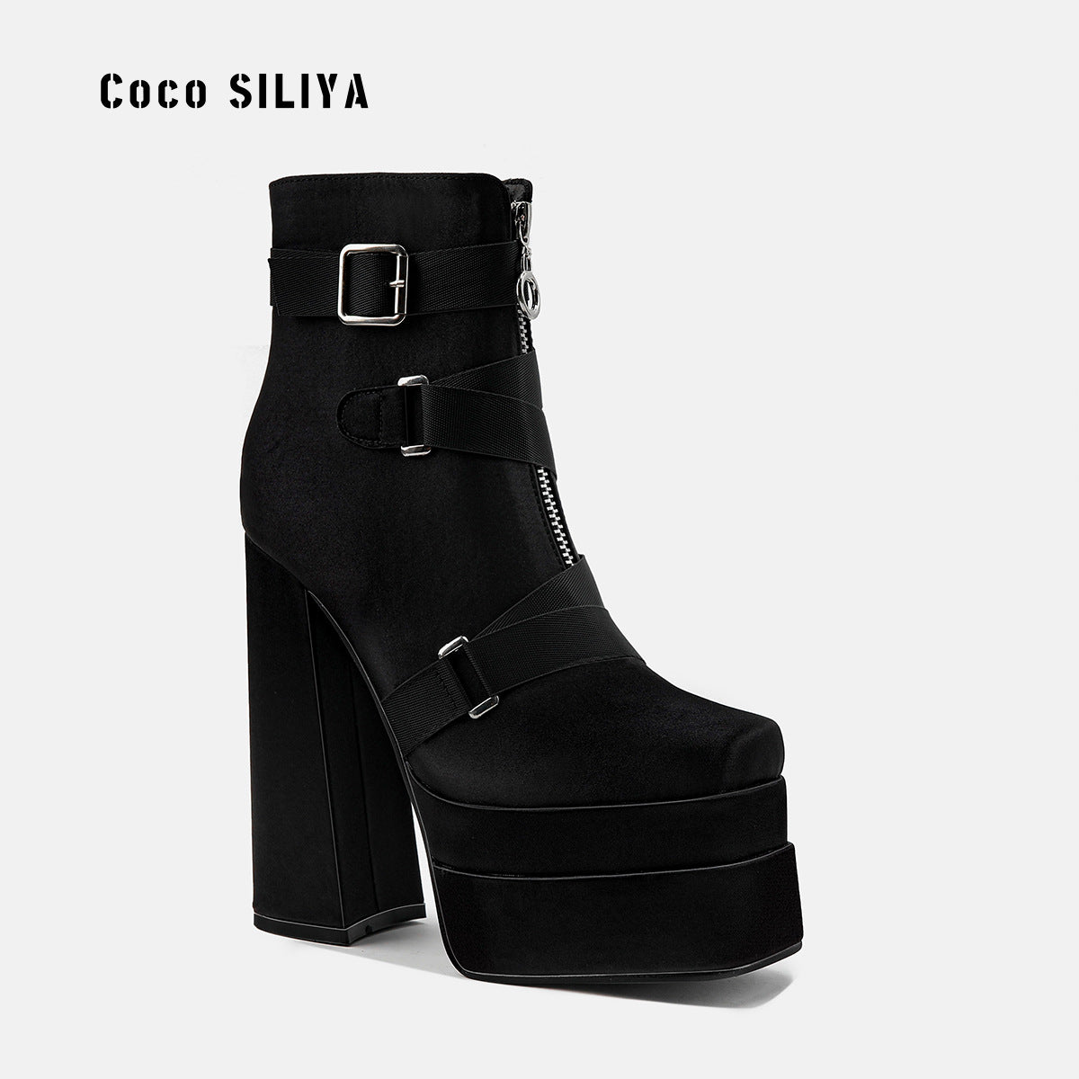 New Super High Heel 14cm Platform Thick Heel Square Head Silk Women's Smoke Pipe Boots Large Size 42 eprolo