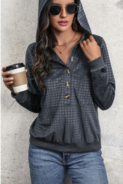 Printed Half Button Long Sleeve Hoodie - House of Cardwell