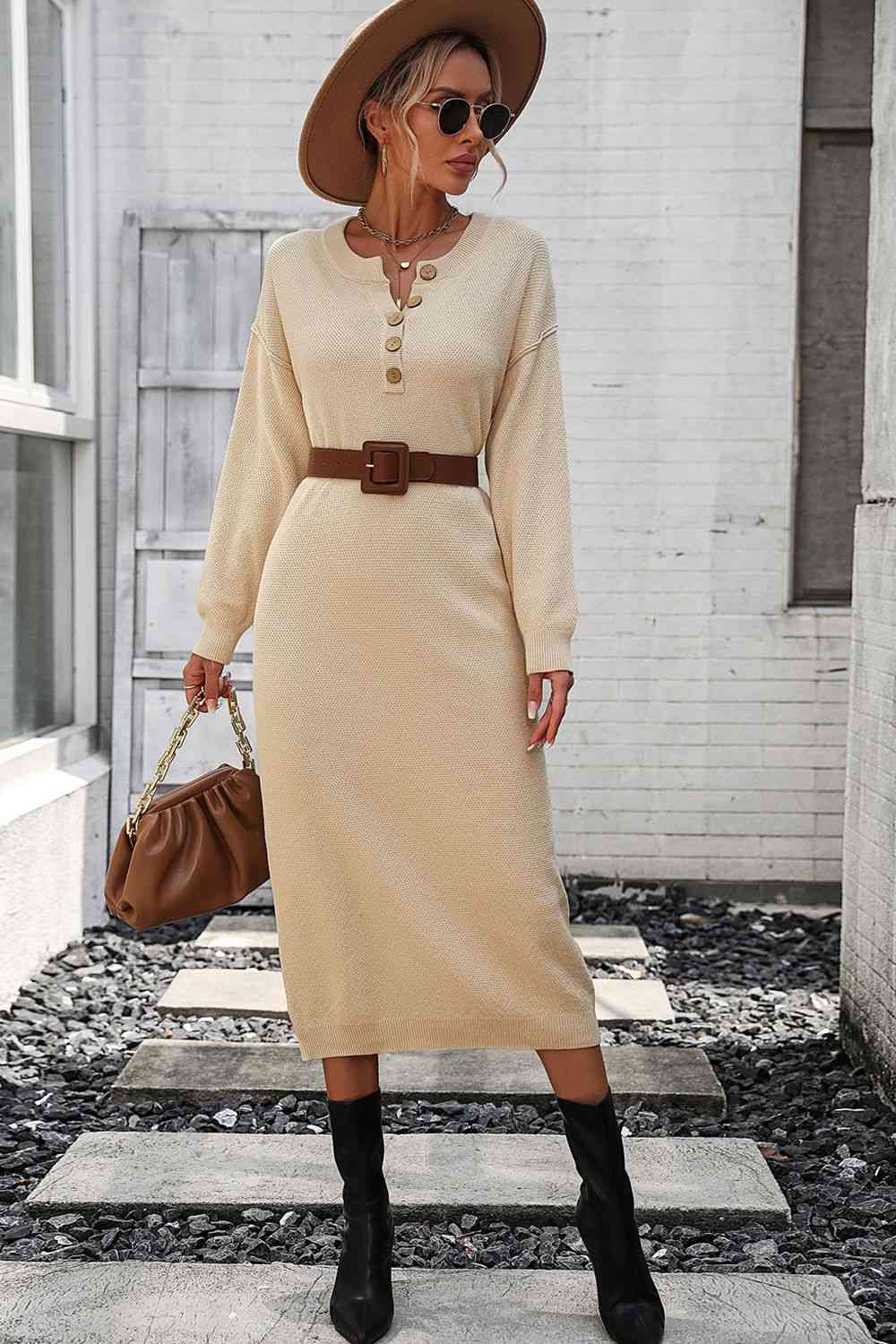 Notched Neck Dropped Shoulder Button-Down Midi Dress - House of Cardwell