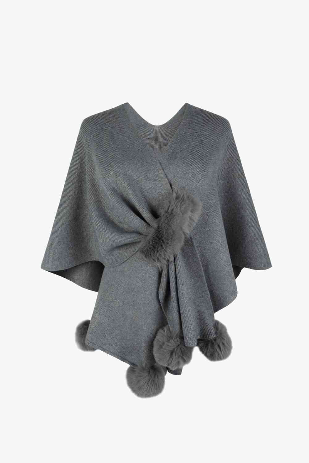Surplice Neck Pom-Pom Trim Poncho - House of Cardwell