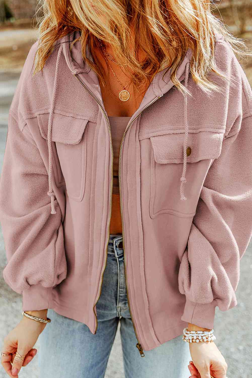Zip-Up Drawstring Hooded Jacket - House of Cardwell