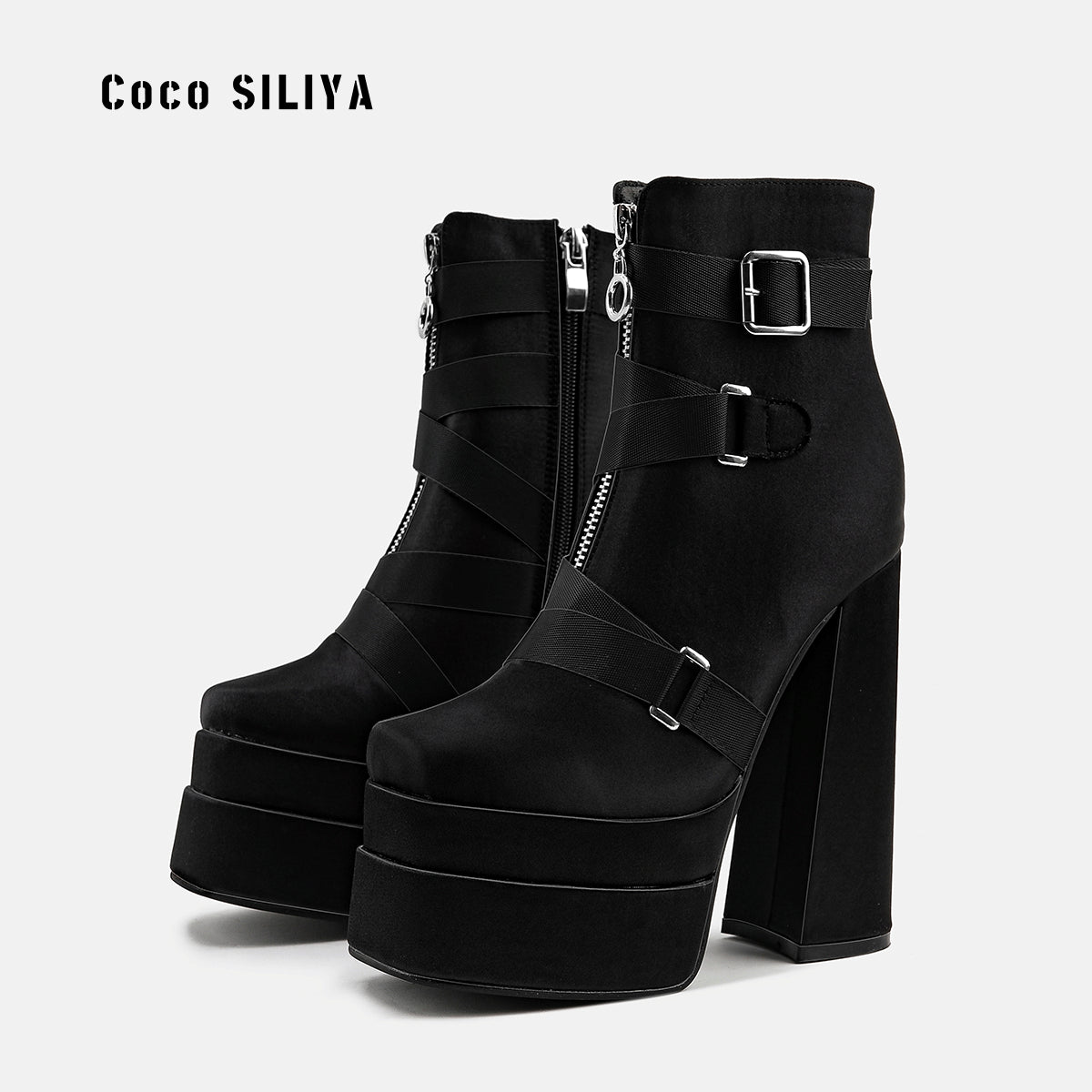 New Super High Heel 14cm Platform Thick Heel Square Head Silk Women's Smoke Pipe Boots Large Size 42 eprolo