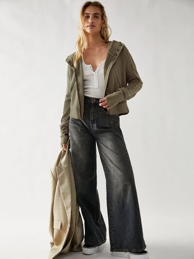 Waffle-Knit Dropped Shoulder Hooded Jacket - House of Cardwell