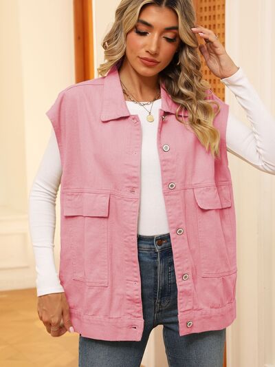 Pocketed Button Up Sleeveless Denim Jacket - House of Cardwell