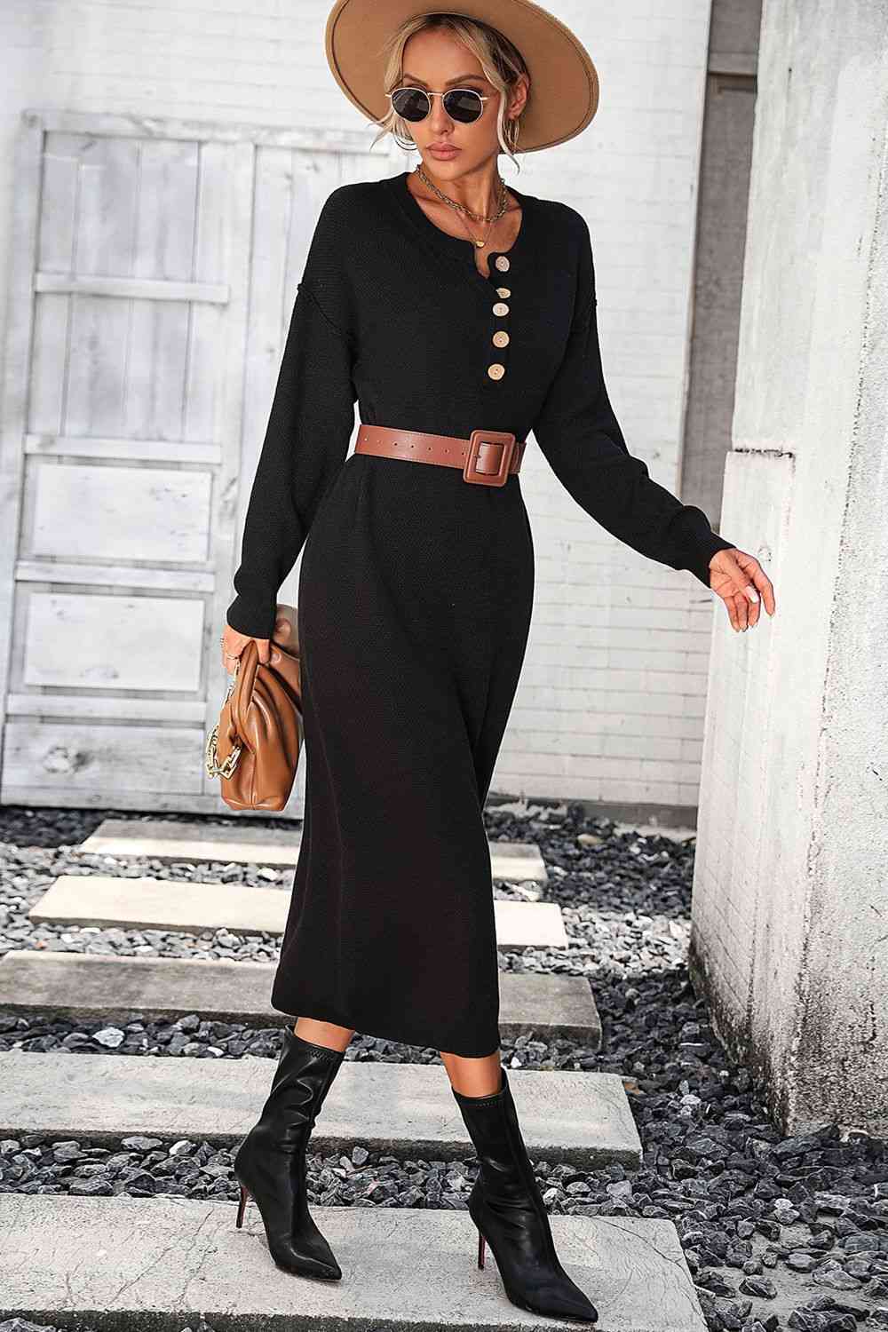 Notched Neck Dropped Shoulder Button-Down Midi Dress - House of Cardwell