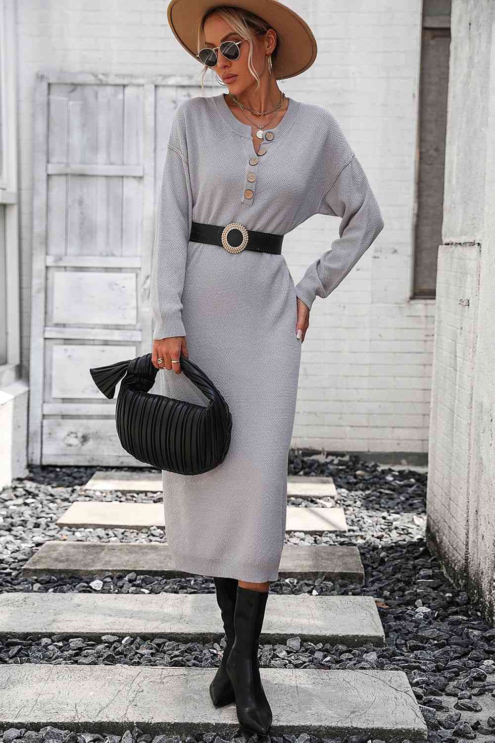 Notched Neck Dropped Shoulder Button-Down Midi Dress - House of Cardwell