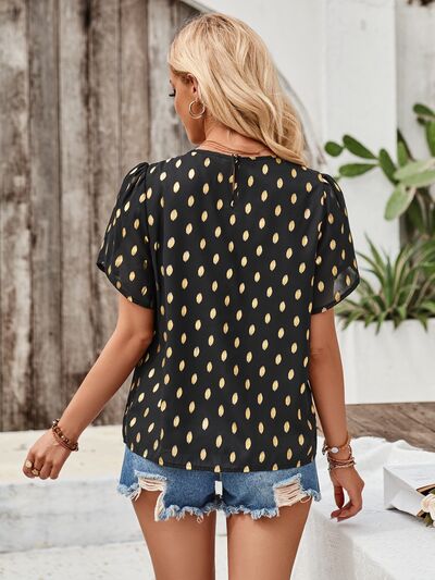 Printed Round Neck Petal Sleeve Blouse - House of Cardwell