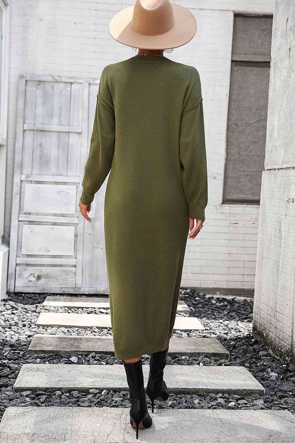 Notched Neck Dropped Shoulder Button-Down Midi Dress - House of Cardwell