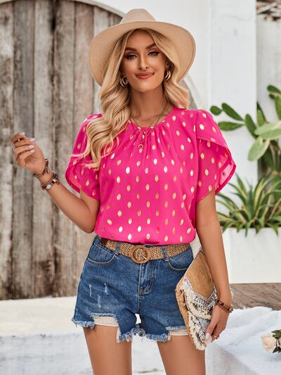Printed Round Neck Petal Sleeve Blouse - House of Cardwell