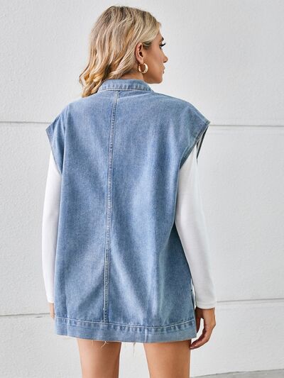 Pocketed Button Up Sleeveless Denim Jacket - House of Cardwell