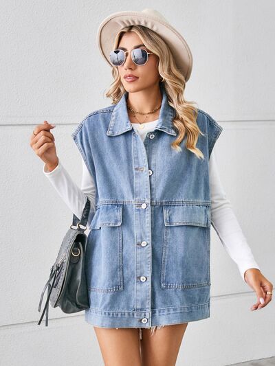 Pocketed Button Up Sleeveless Denim Jacket - House of Cardwell