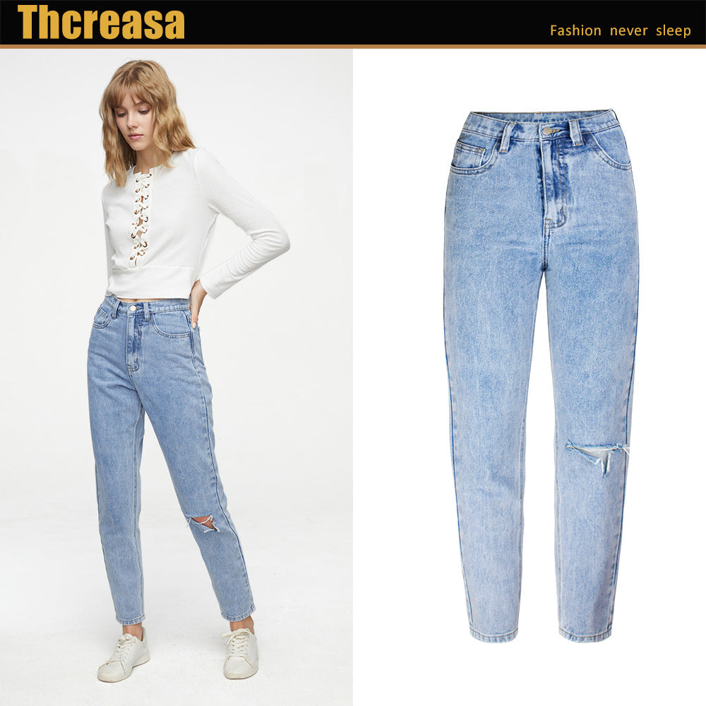 New Women's Jeans High Waist Bf Style Loose Straight Wide Leg Pants Ripped Jeans eprolo