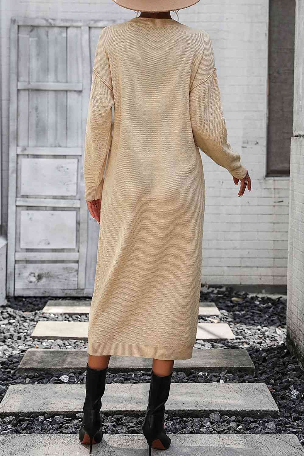 Notched Neck Dropped Shoulder Button-Down Midi Dress - House of Cardwell