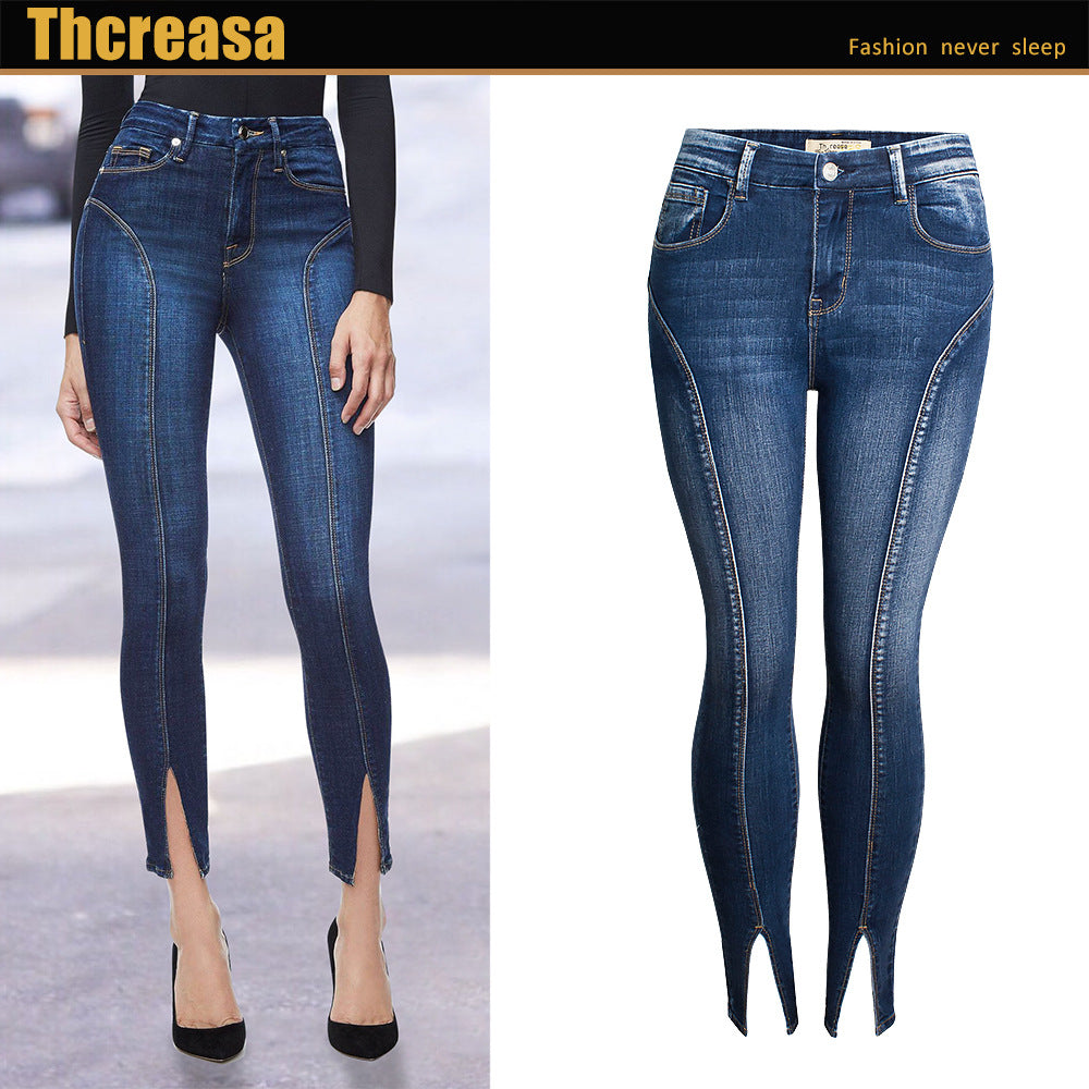 Jeans New Style Mid-Waist Elastic Split Hem Trendy High Quality Washed Nine-Point Jeans eprolo