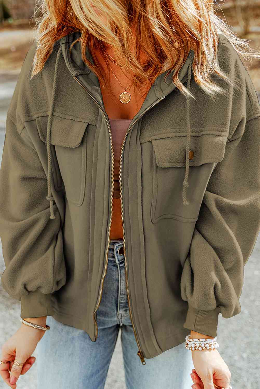 Zip-Up Drawstring Hooded Jacket - House of Cardwell