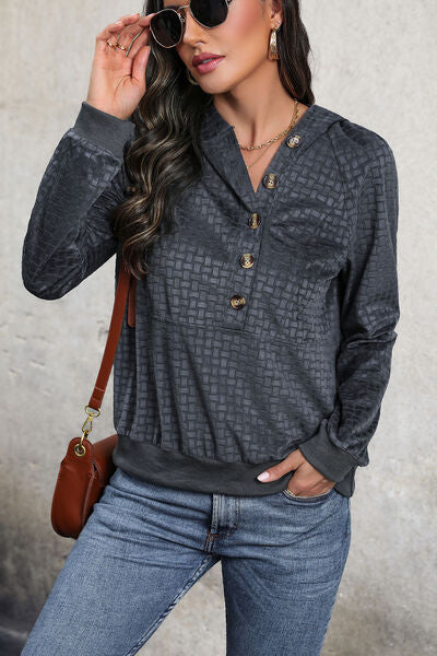 Printed Half Button Long Sleeve Hoodie - House of Cardwell