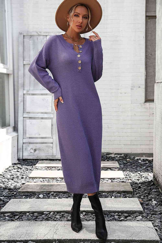 Notched Neck Dropped Shoulder Button-Down Midi Dress - House of Cardwell