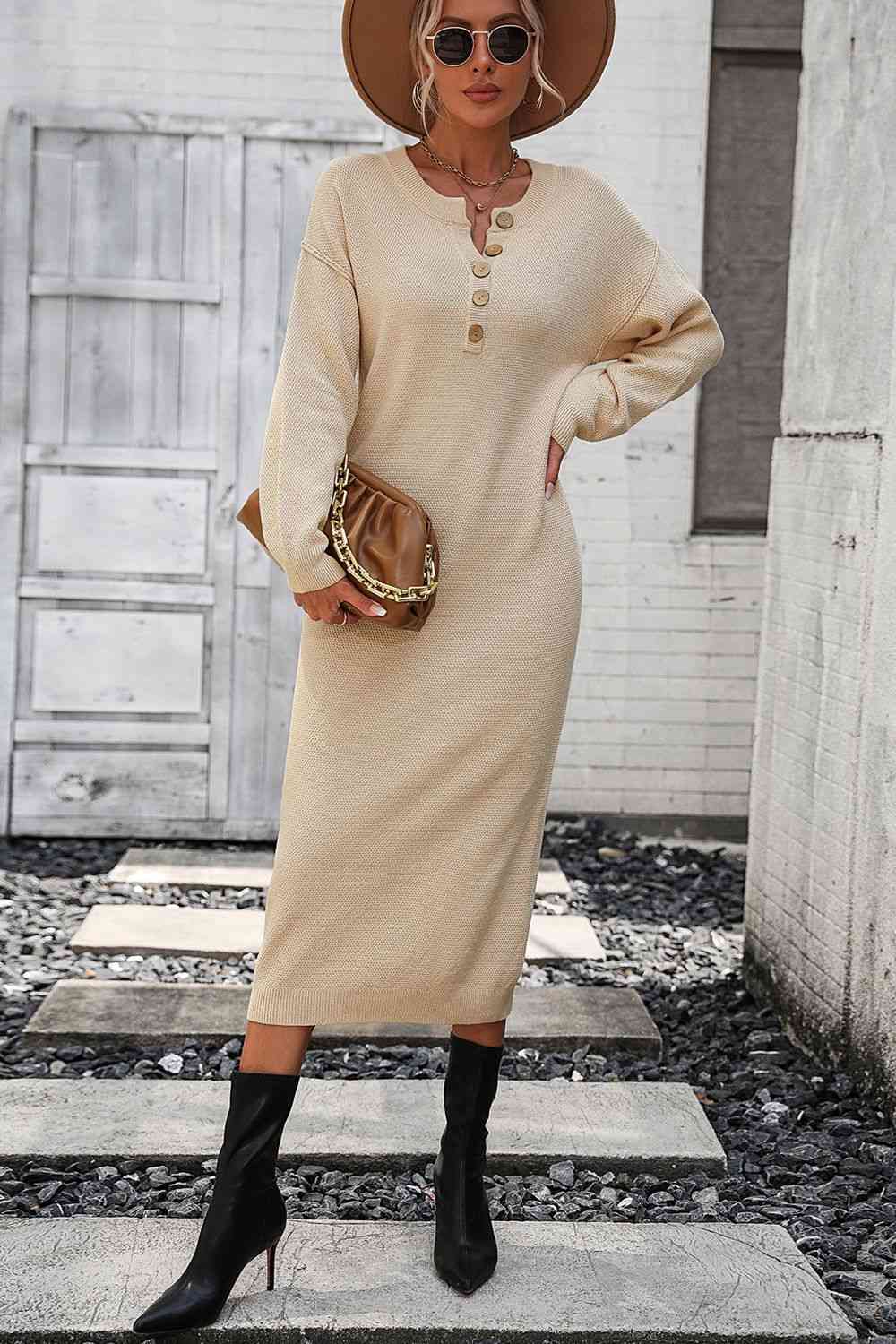 Notched Neck Dropped Shoulder Button-Down Midi Dress - House of Cardwell