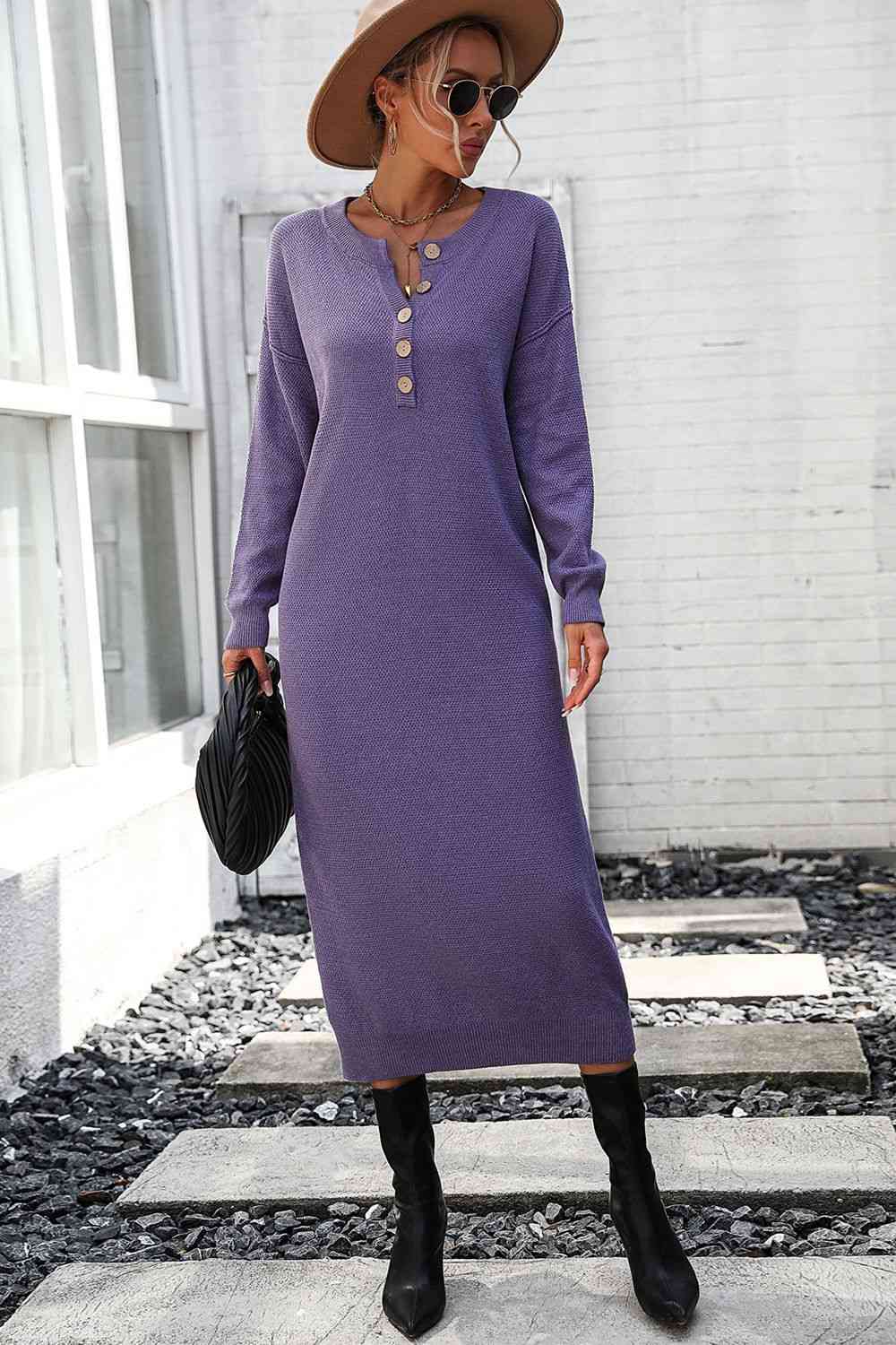 Notched Neck Dropped Shoulder Button-Down Midi Dress - House of Cardwell