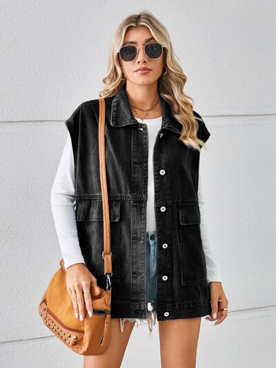 Pocketed Button Up Sleeveless Denim Jacket - House of Cardwell