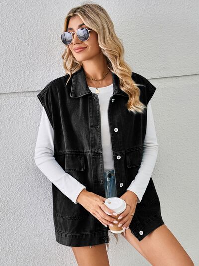 Pocketed Button Up Sleeveless Denim Jacket - House of Cardwell