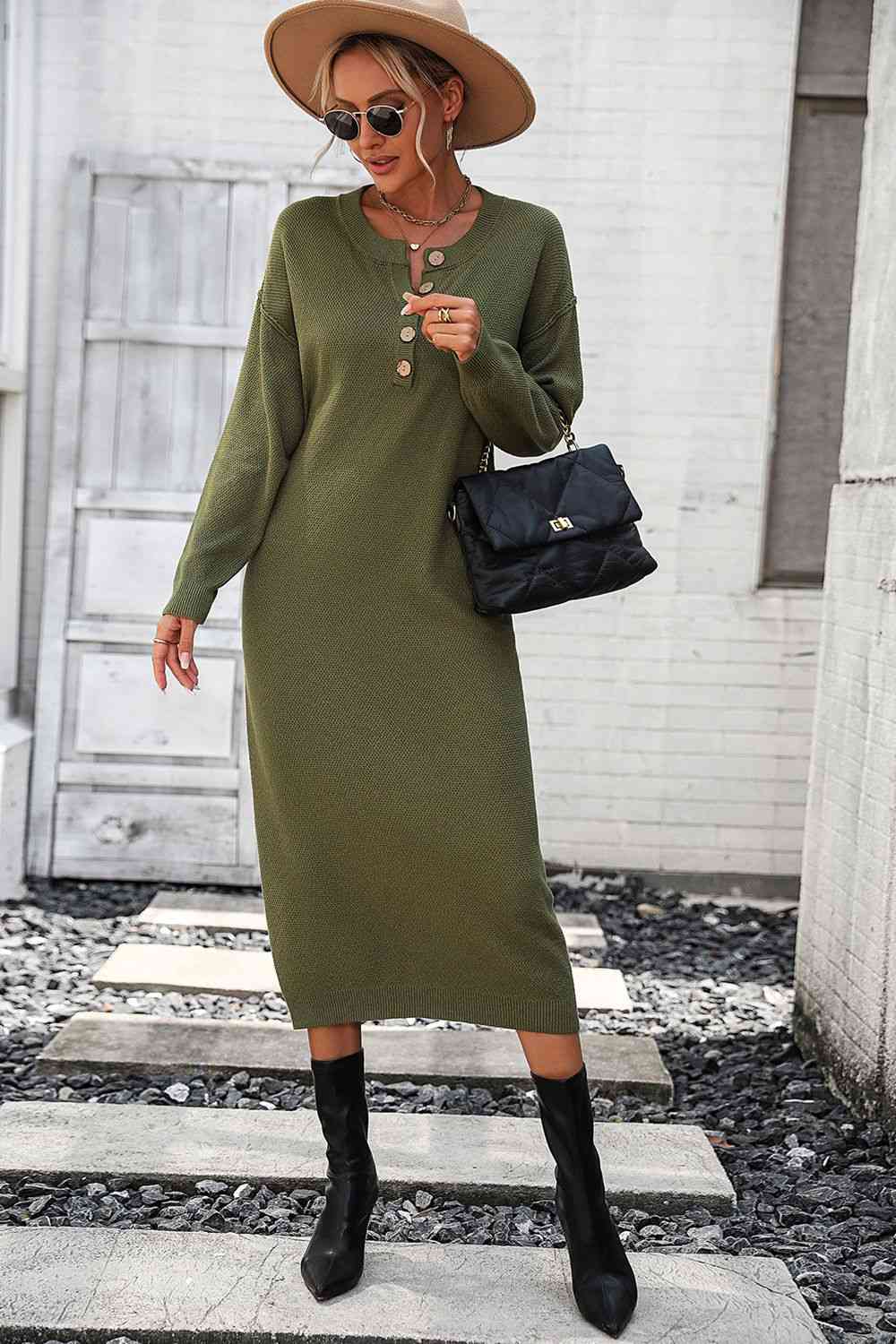 Notched Neck Dropped Shoulder Button-Down Midi Dress - House of Cardwell