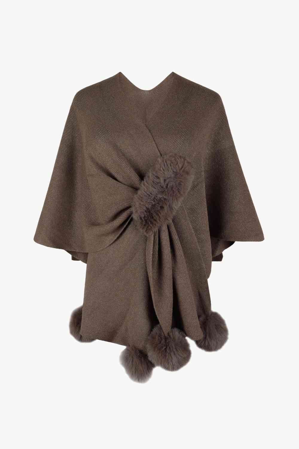 Surplice Neck Pom-Pom Trim Poncho - House of Cardwell