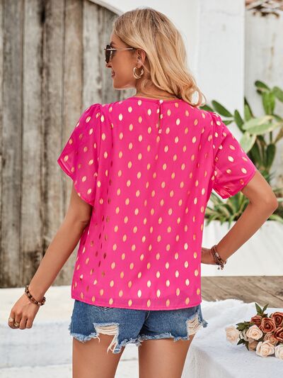 Printed Round Neck Petal Sleeve Blouse - House of Cardwell