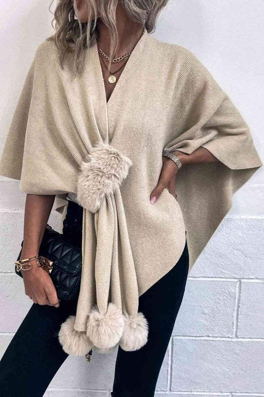 Surplice Neck Pom-Pom Trim Poncho - House of Cardwell